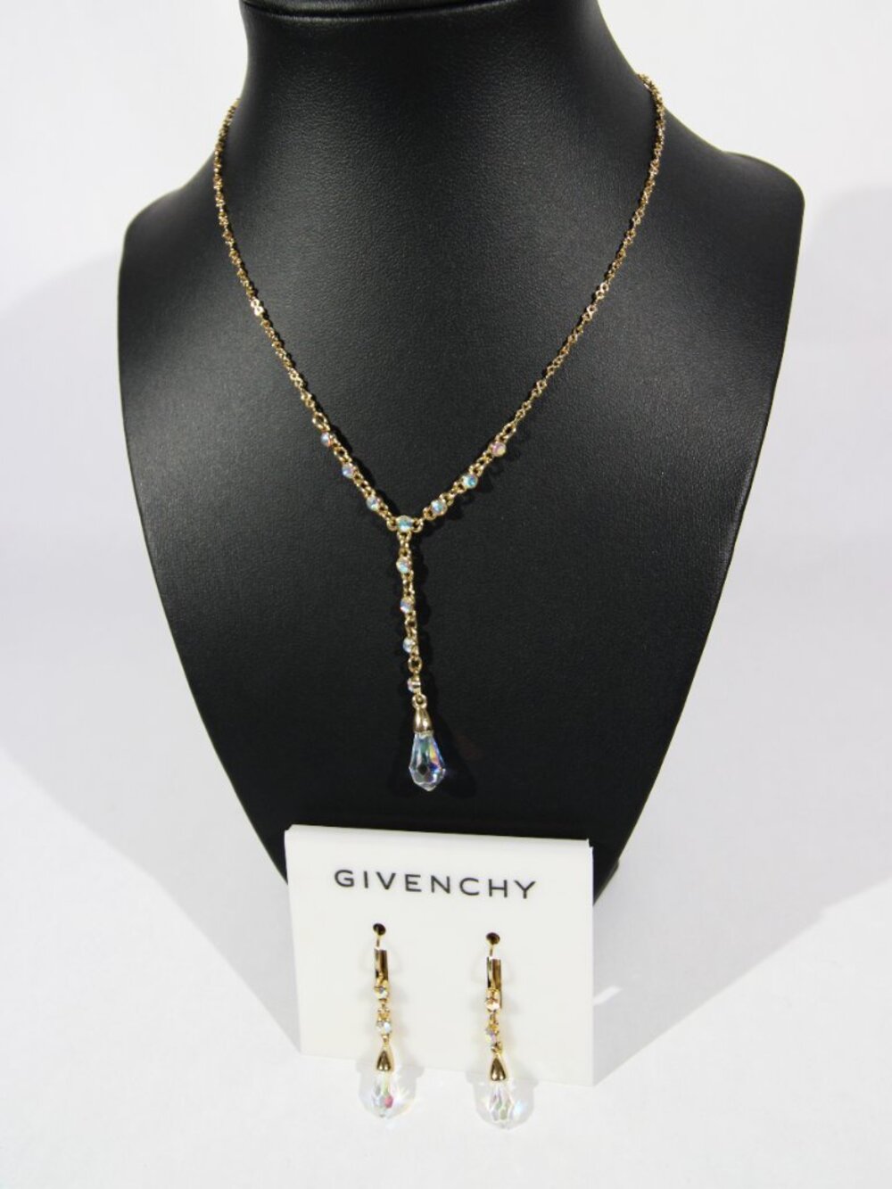 Vintage GIVENCHY Gold-Tone Crystal Y Drop Adjustable Chain Necklace & Earrings - Picture 4 of 10